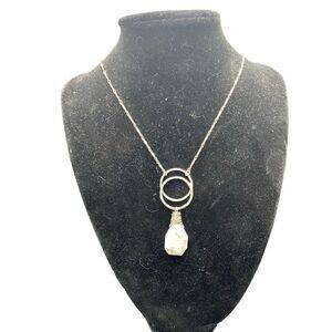 Silver double circles white agate drop necklace